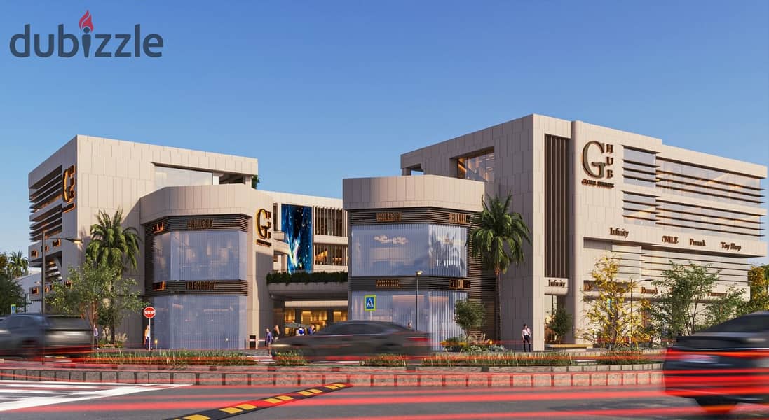 A commercial store with an area of ​​96 square meters, the front of the mall in the Global Business Hub in Obour City 3