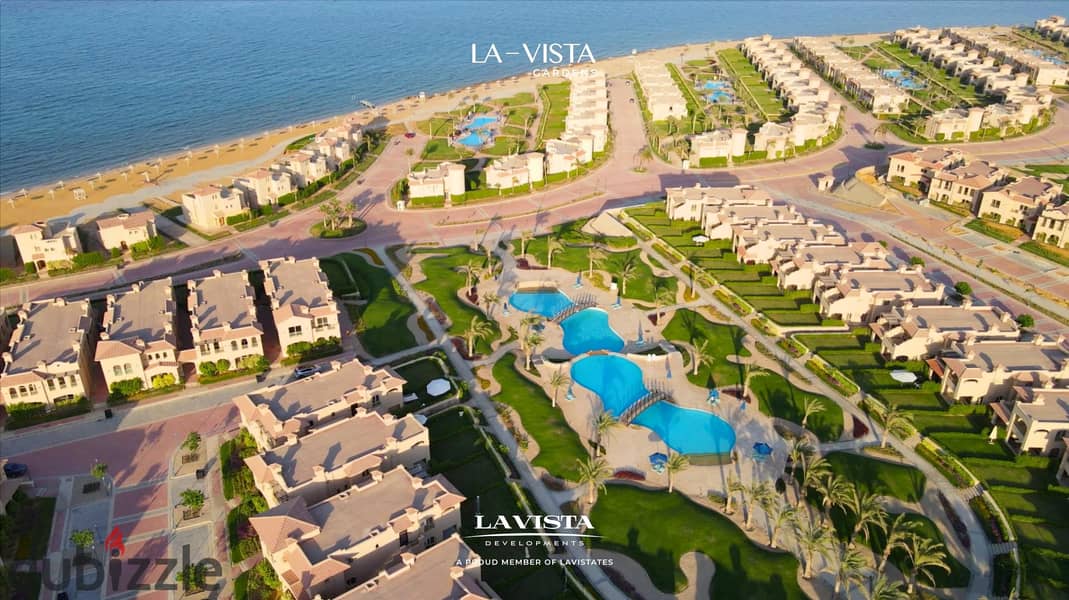 Fully finished chalet for sale with immediate delivery in La Vista Gardens, Ain Sokhna. Near Azha, Zafarana, and Suez. The project is sea 1