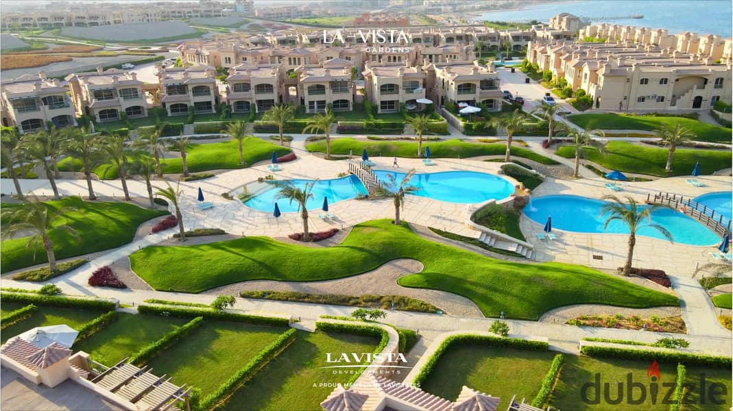 Fully finished chalet for sale with immediate delivery in La Vista Gardens, Ain Sokhna. Near Azha, Zafarana, and Suez. The project is sea 5