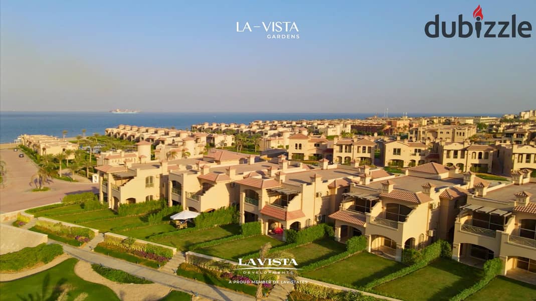 Fully finished chalet for sale with immediate delivery in La Vista Gardens, Ain Sokhna. Near Azha, Zafarana, and Suez. The project is sea 6