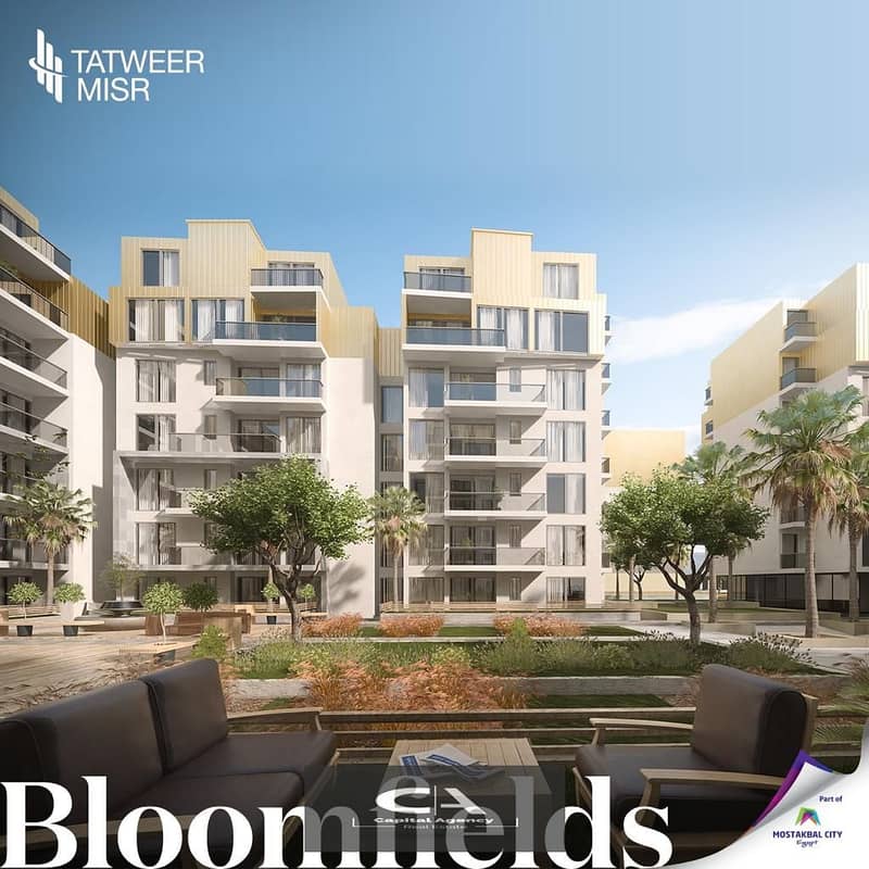 For sale an apartment with garden 55m. fully finished to be delivered in 2025/2026_Bloomfields Compound front of Madinaty_5% down payment_Tatweer Misr 11