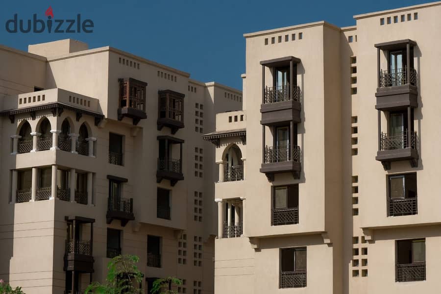 Apartment for sale, 3Rooms, ٌُReady to move, Fully finished double view, Islamic style, Salah Salem Street extension, Fustat Compound 7