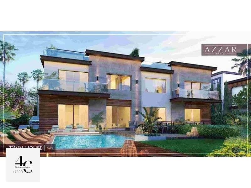 For sale, the lowest price Twin House 274M  in 5TH  fifth new cairo with installments, view Landscape, in Azzar Compound 1