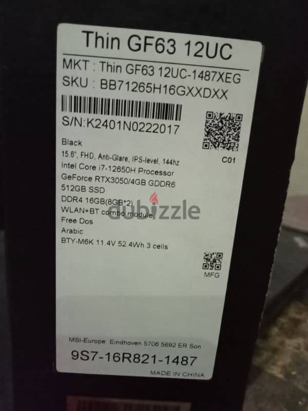 لاب توب msi جيمنج Thin GF63 12UC زيرو بكرتونتو لم يستعمل + ضمان سنتين 2