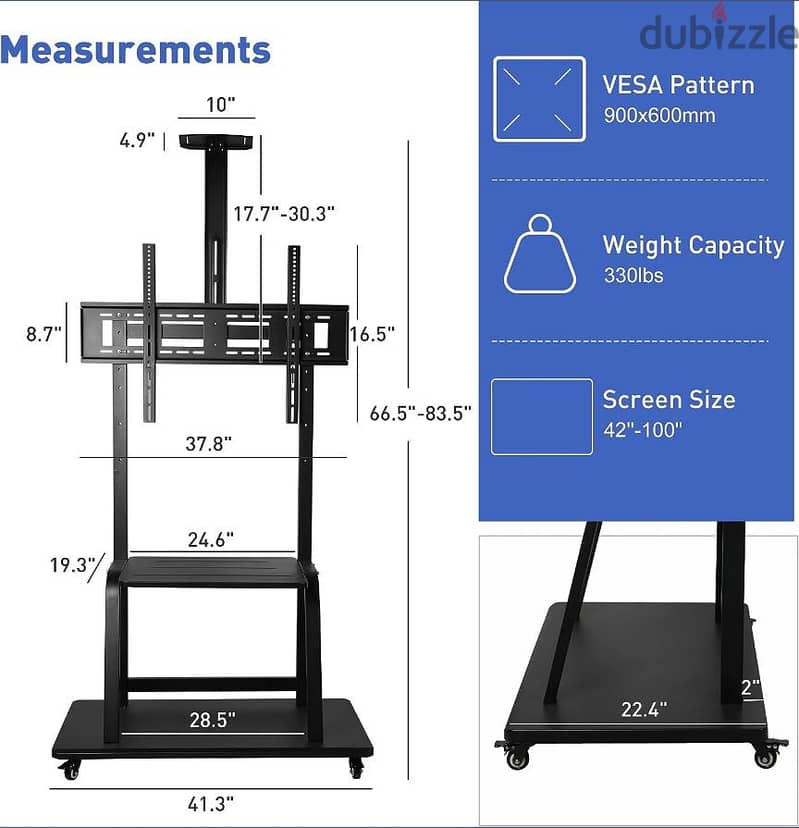 حامل شاشة بعجلات من 60 إلى 100 بوصه -حامل تلفزيون متحرك - استاند ترولى 1