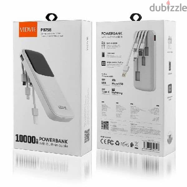 VIDVIE PB758 POWER BANK10000 MAH. Built in cables 6