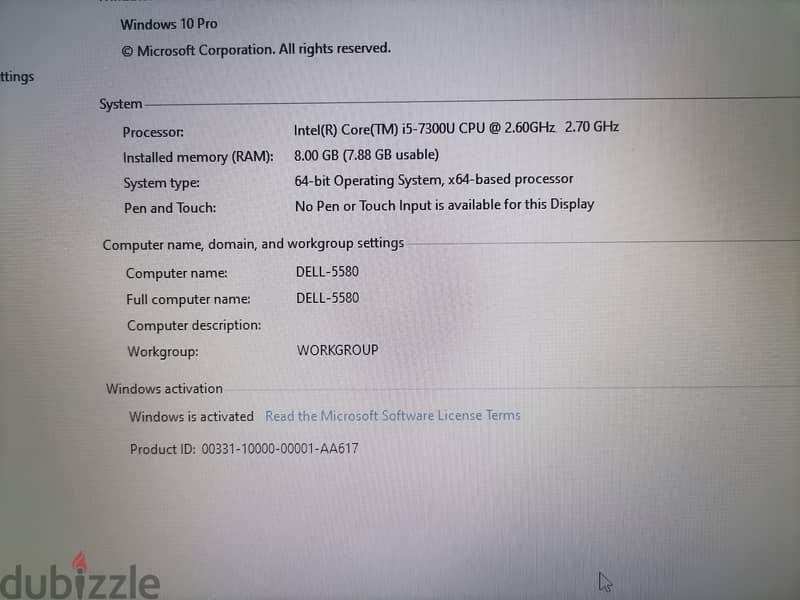 Dell 5580 i5 7300U 2.7GHZ 8