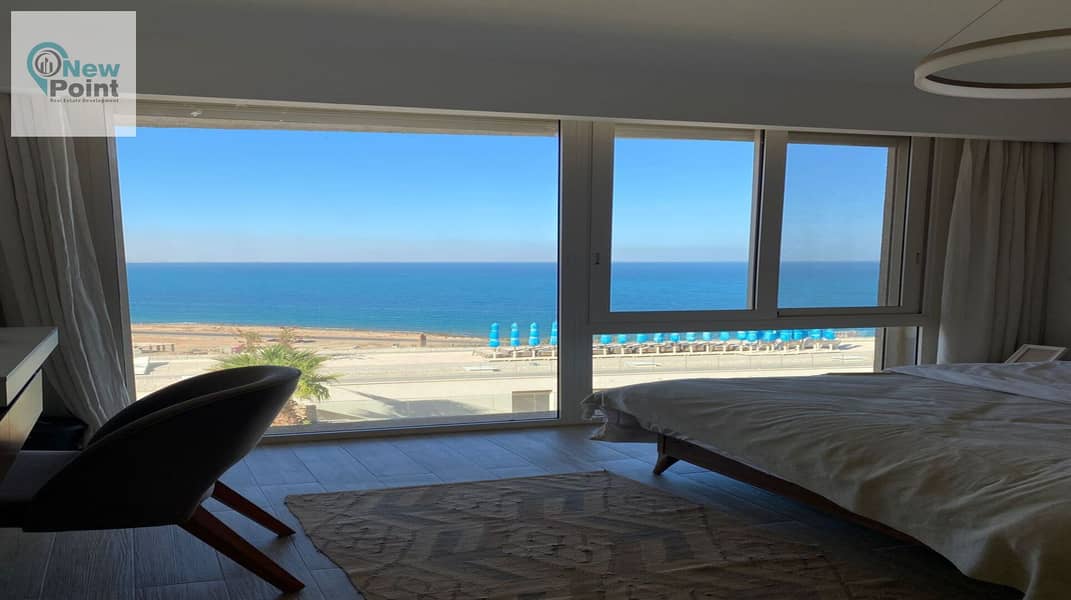 A fully finished chalet for sale directly on the sea in Monte Galala Village, the most upscale village in Ain Sokhna, directly on Zaafarana Road 2