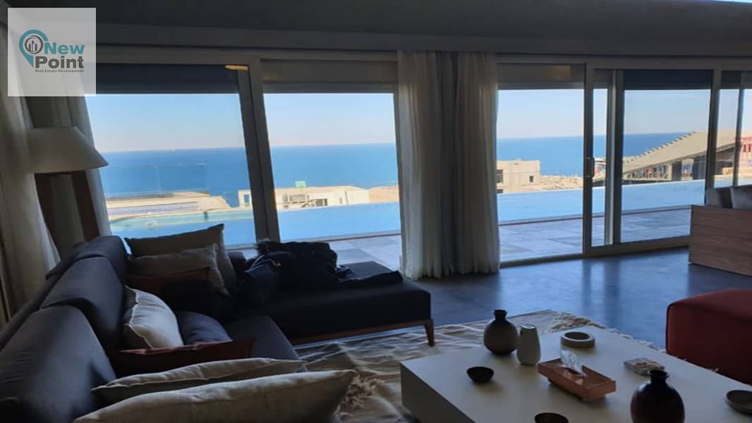 A fully finished chalet for sale directly on the sea in Monte Galala Village, the most upscale village in Ain Sokhna, directly on Zaafarana Road 5