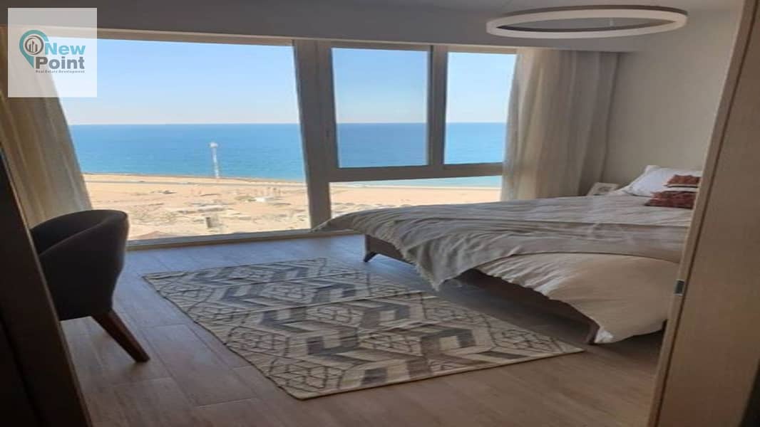 A fully finished chalet for sale directly on the sea in Monte Galala Village, the most upscale village in Ain Sokhna, directly on Zaafarana Road 7