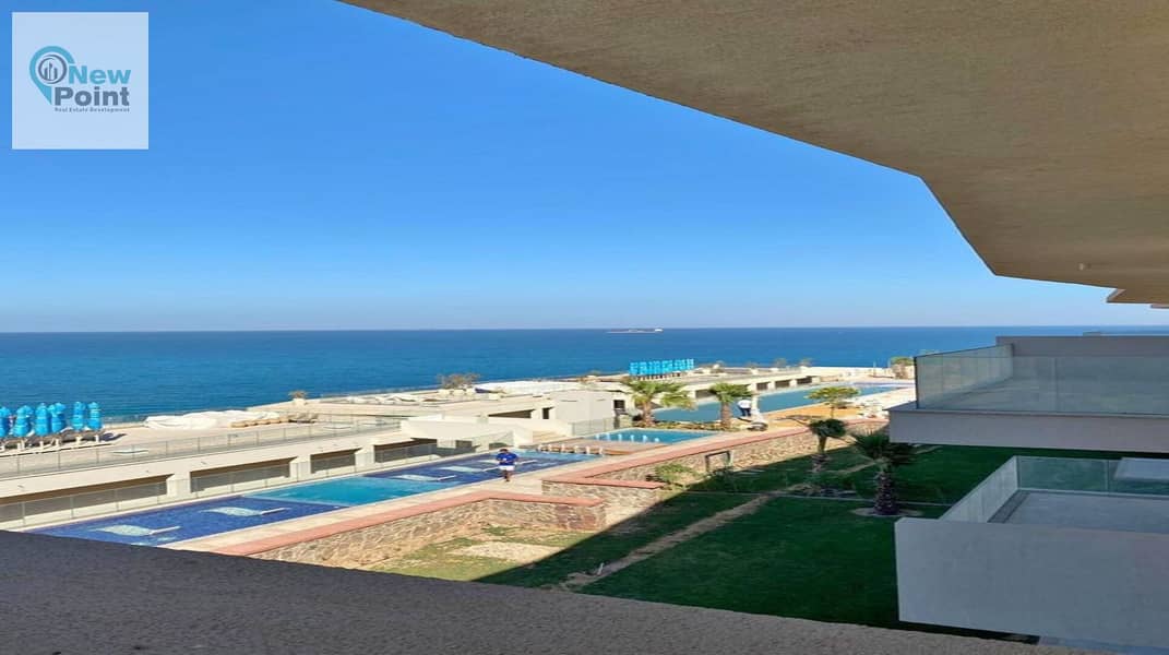 A fully finished chalet for sale directly on the sea in Monte Galala Village, the most upscale village in Ain Sokhna, directly on Zaafarana Road 11