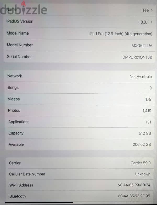 iPad pro 12.9 4th generation 512GB sim 1