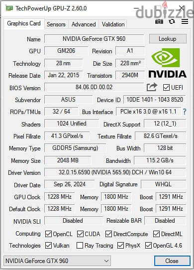 ASUS STRIX GTX 960 DirectCU II OC 2gb vram 2