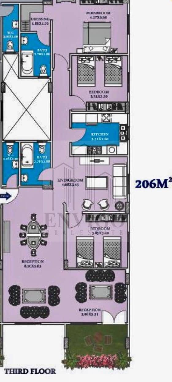 Apartment for sale, 206 sqm, semi-finished, in Beit Al Watan, Third District - Fifth Settlement 4