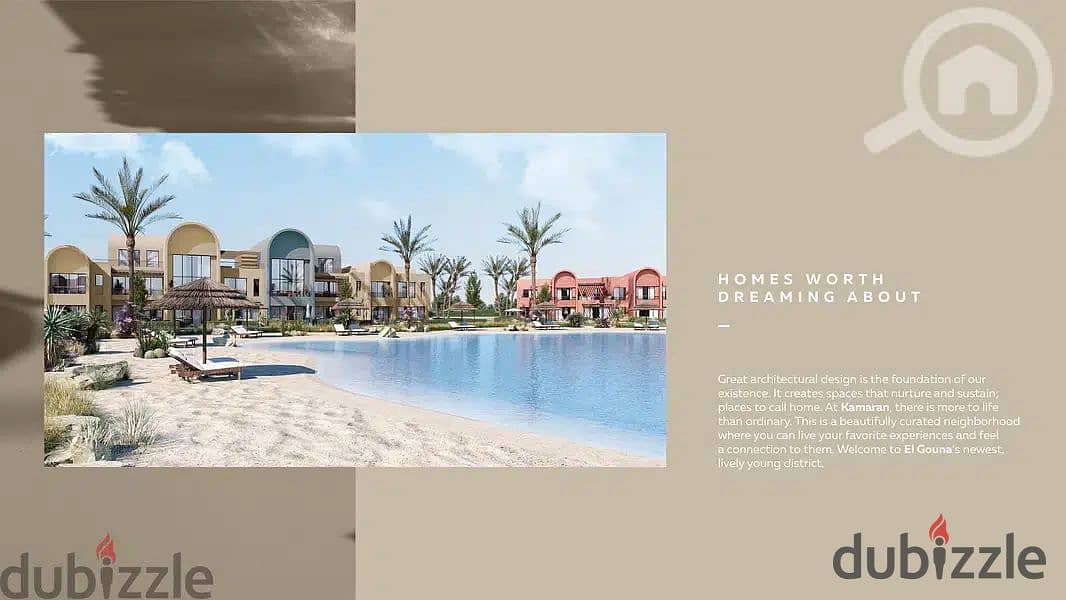 Book your unit in El Gouna with a full sea view in Kamarn Orascom, a 100-meter chalet, super deluxe finished 5