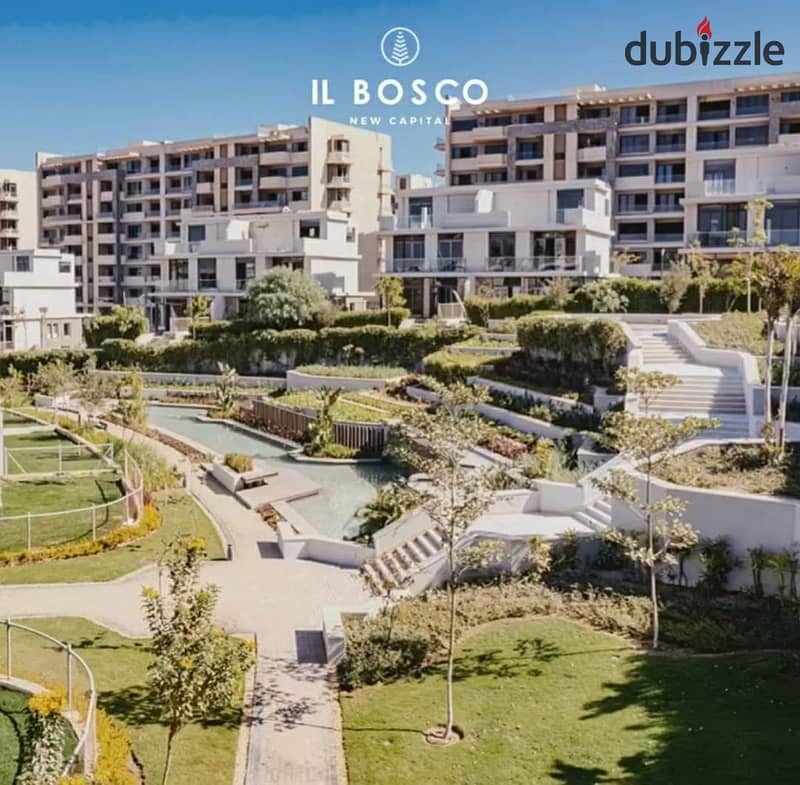 Apartment with garden for sale, resale in the administrative capital, in Bosco Compound, total area 153 m, with garden view. . . . | Fifth Settlement - He 6