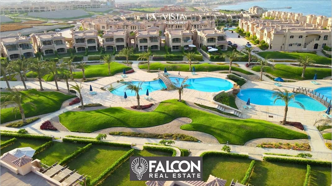 Own a ground garden chalet  sea view  prime location  in La Vista Gardens al ain Sokhna  20% down payment 150 sqm 0