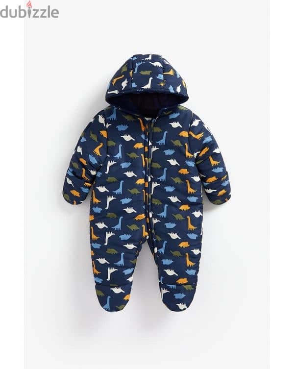 Boys Full Sleeves Snowsuit Velour Lined Dino Print - Navy 1