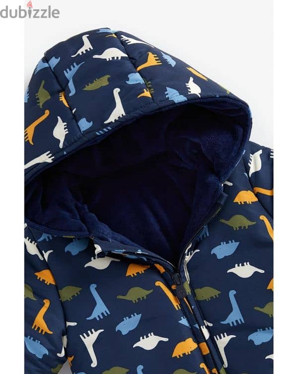 Boys Full Sleeves Snowsuit Velour Lined Dino Print - Navy 2