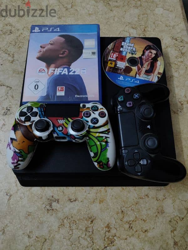 ps4 slim 500gb +2 controller's+cd gta 5+ cd fifa 22 0