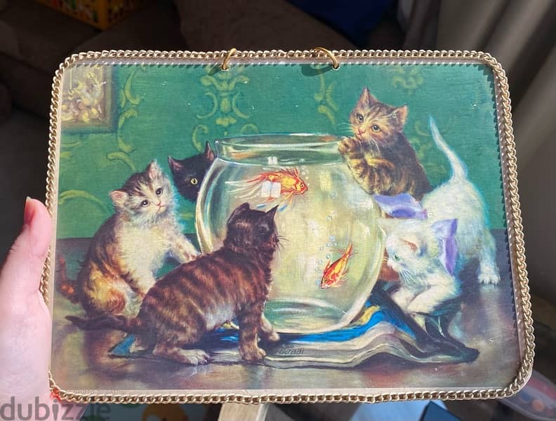 Vintage wooden Cats Portrait برواز قطط تحفه أنتيك 0