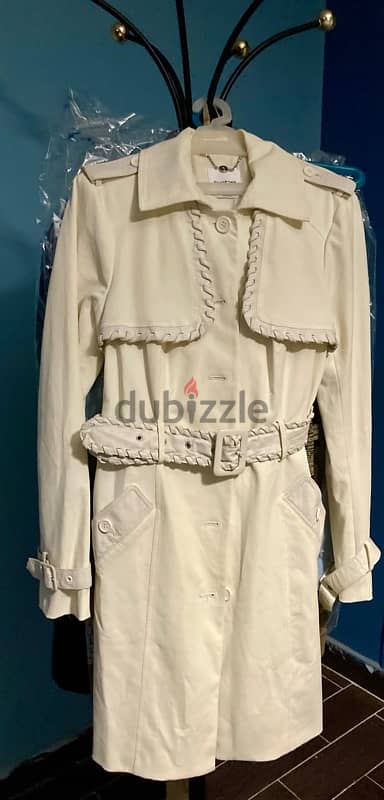 Bebe Ivory/White Trench Coat Leather trim