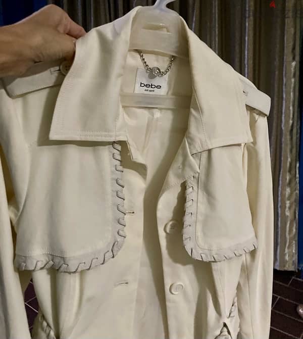 Bebe Ivory/White Trench Coat Leather trim 4