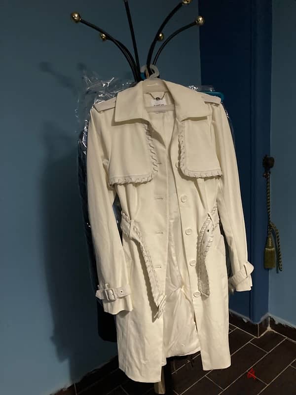 Bebe Ivory/White Trench Coat Leather trim 6