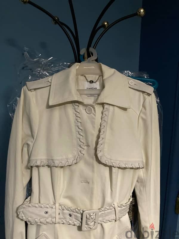 Bebe Ivory/White Trench Coat Leather trim 7