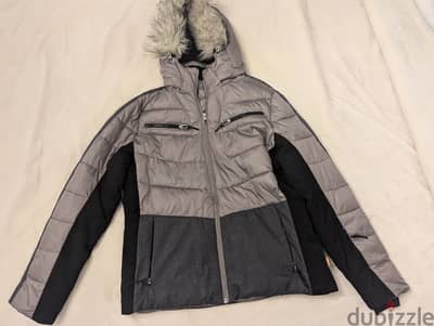 Grey and Black Puffer Coat with Faux Fur Hood