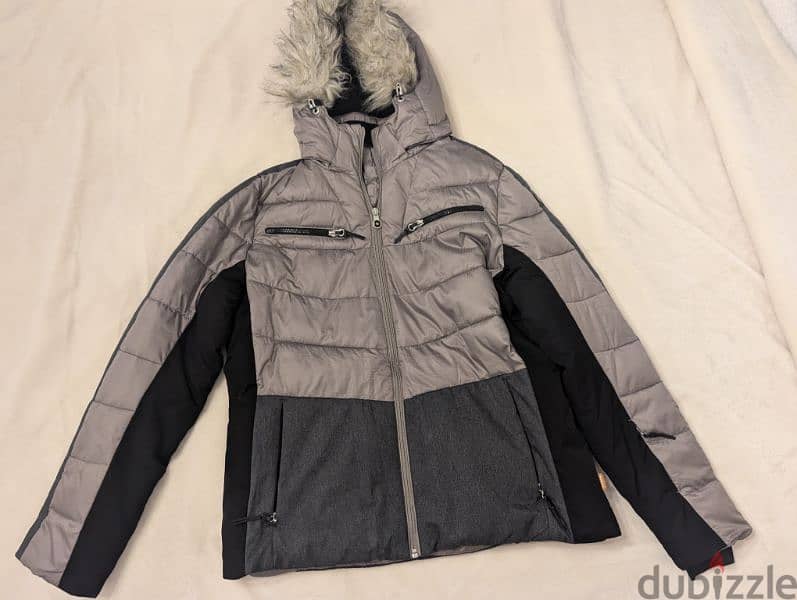 Grey and Black Puffer Coat with Faux Fur Hood 0