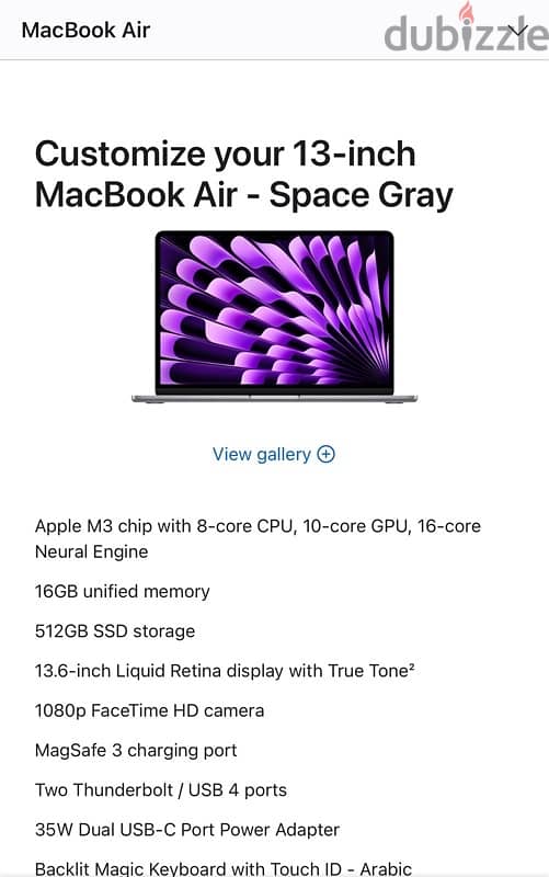 MacBook Air M3 13 inch RAM 16 GB and HD 512 GB 6