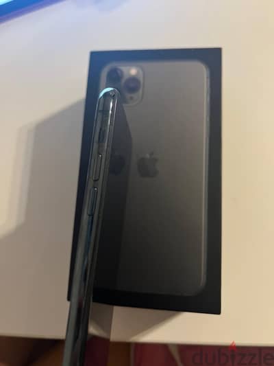 iPhone 11 Pro Max, black, with box, battery 75, broken screen.