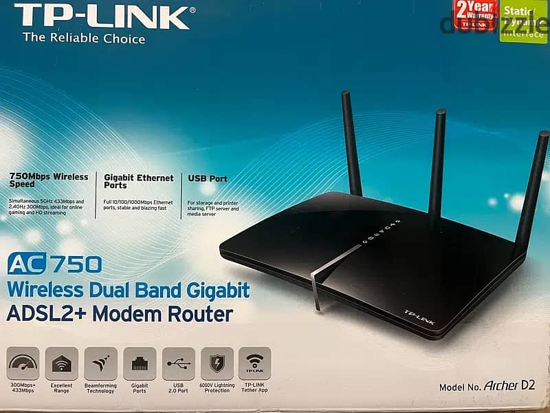 راوتر AC750 Wireless Dual Band Gigabit ADSL2+ Modem Router Archer D2 0