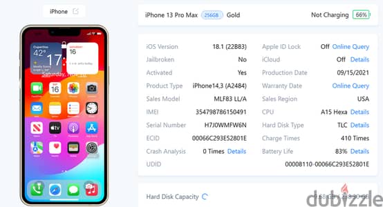 iPhone 13 Pro Max (256GB) - اللون الذهبي بطارية غير مرفوعة 83%