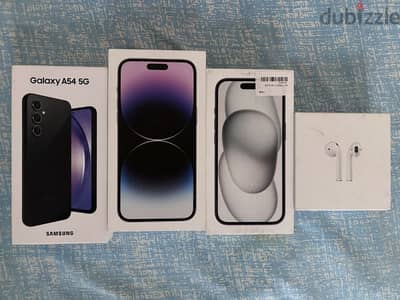 iphone 14 pro max 256, iphone 15 128, airpods gen2, Samsung a54