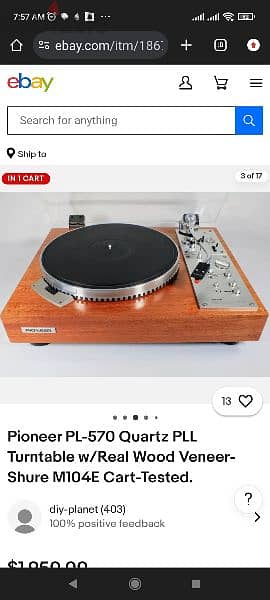 Pioneer PL-570 Quartz PLL Turntable w/Real Wood