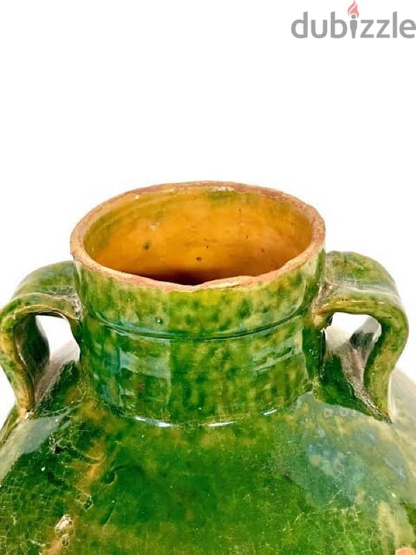 EMERALD GREEN HALF-GLAZED TERRACOTTA OLIVE OIL POT WITH TWO HANDLES 0