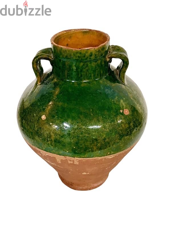 EMERALD GREEN HALF-GLAZED TERRACOTTA OLIVE OIL POT WITH TWO HANDLES 1