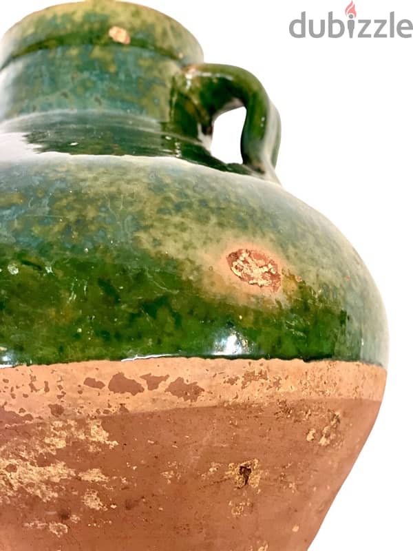 EMERALD GREEN HALF-GLAZED TERRACOTTA OLIVE OIL POT WITH TWO HANDLES 2