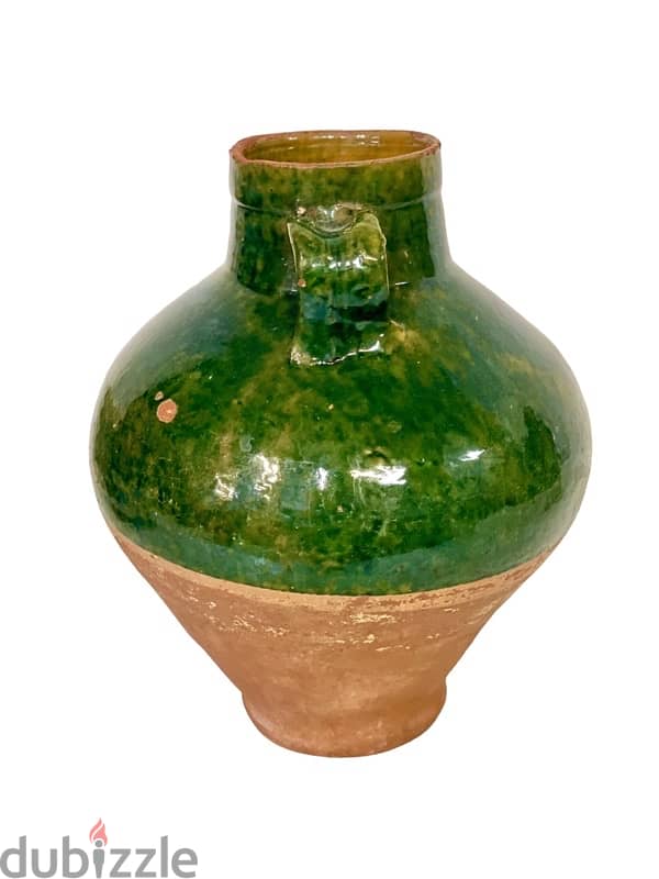 EMERALD GREEN HALF-GLAZED TERRACOTTA OLIVE OIL POT WITH TWO HANDLES 3