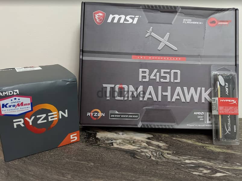 للبيع معالج R5 2600 وبوردة MSI B450 Tomahawk ورامات 16 جيجا بايت وكيس 0