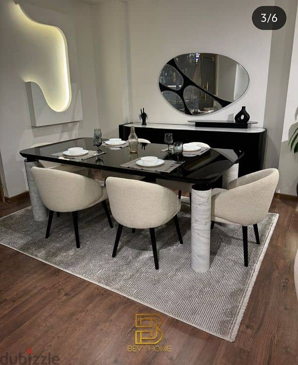 Dining room with 6 chairs, buffet and mirror 2