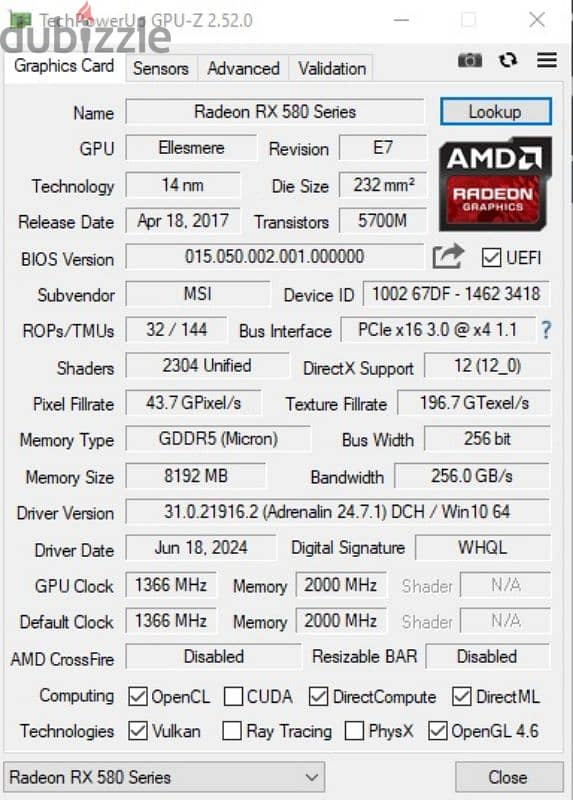 كارت شاشة RX580 8GB 5