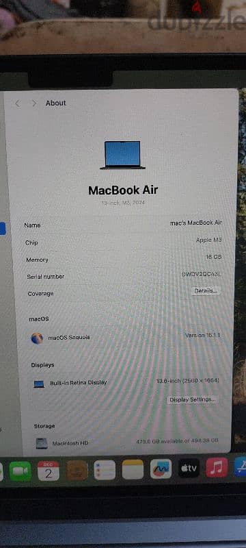 MacBook Air M3 Ram 16 Hard 512 Open Box 8