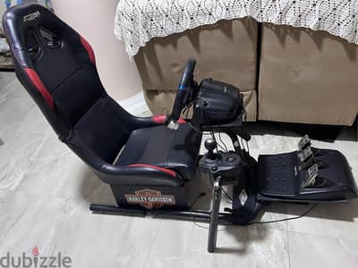 Leather sim racing seat with Gforce steering wheel, stick shift