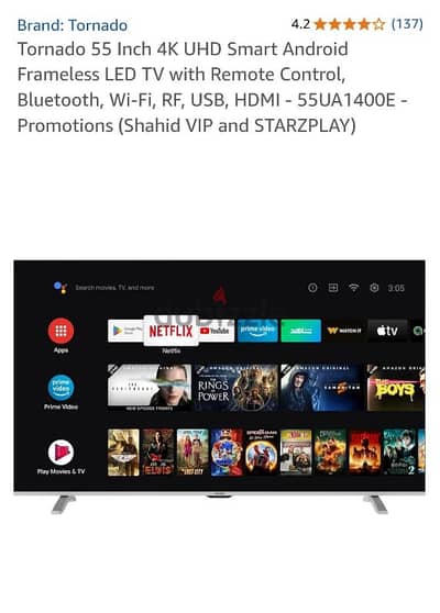 Tornado 55 Inch 4K UHD Smart Android Frameless