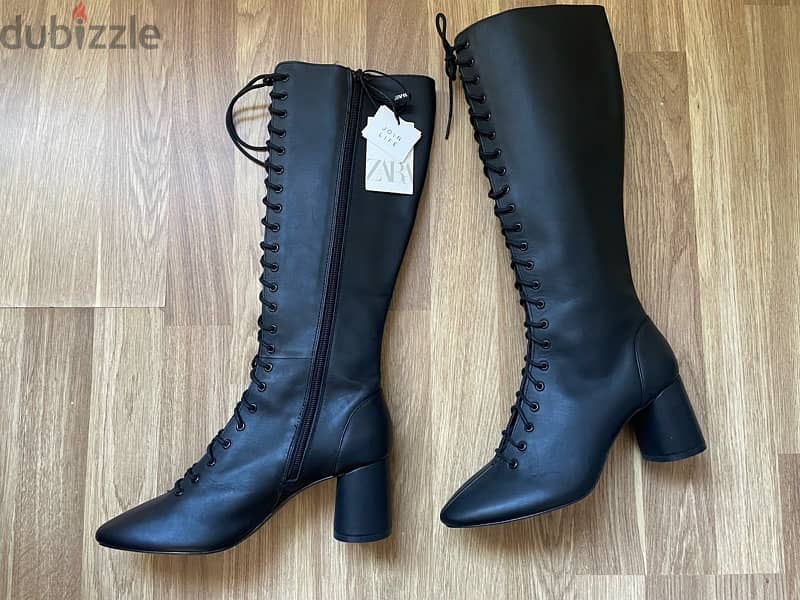 Zara Black High Heel Leather Victorian Lace Up Boots 3