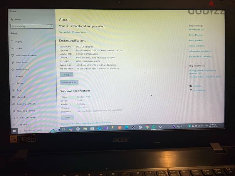 Acer laptop i3 7100U 7th gen, 8 gb ram ddr4, 265 SSD 2