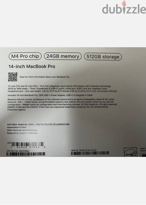 Apple MacBook Pro M4 Pro chip 24GB memory 512GB storage(sealed) متبرشم 1